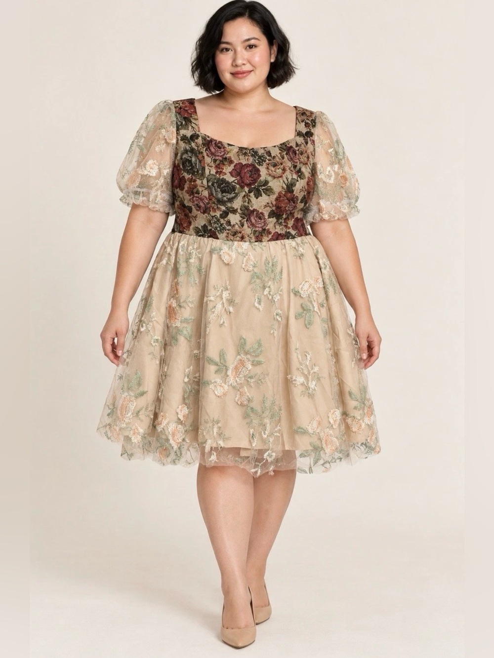 NEW Women’s Floral Embroidered Mesh Dress Puff Sleeve Smocked Back Cottagecore